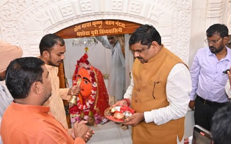 स्कूल शिक्षा मंत्री गजेन्द्र यादव ने धमतरी में माँ विंध्यवासिनी मंदिर में की पूजा-अर्चना